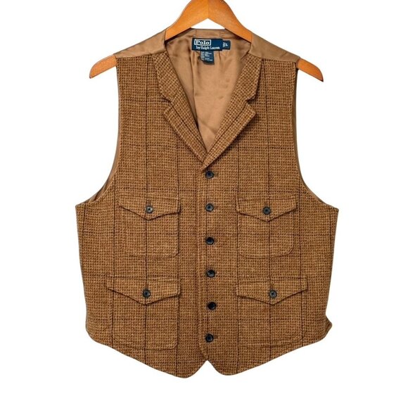 Vintage Polo Ralph Lauren Brown Tweed Hunting Vest 100% Lambswool Men’s Size L - Picture 1 of 15
